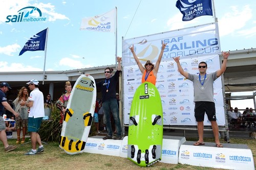 Kiteboard podium at Sail Melbourne - (L-R) Adam Vance (Can)3rd; <br />
Florian Gruber (GER) 1st; Torrin Bright (NZ) 2nd <br />
Oceania Leg of the ISAF Sailing World Cup 2012 Sandringham Yacht Club, Victoria Australia<br />
December 2nd - 8th, 2012  <br />
 © Jeff Crow/ Sport the Library http://www.sportlibrary.com.au